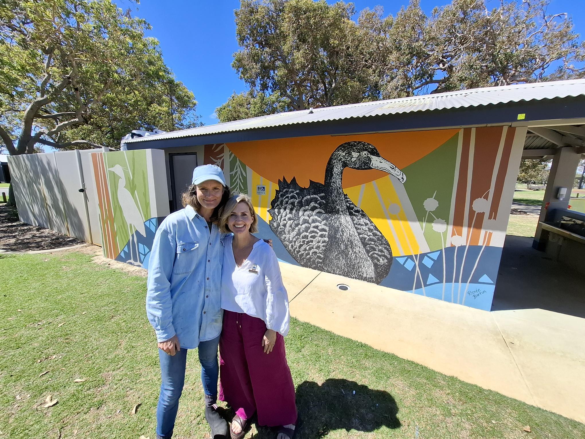 Mayor Amber Kearns with artist Renee Barton at the Coodanup Foreshore mural